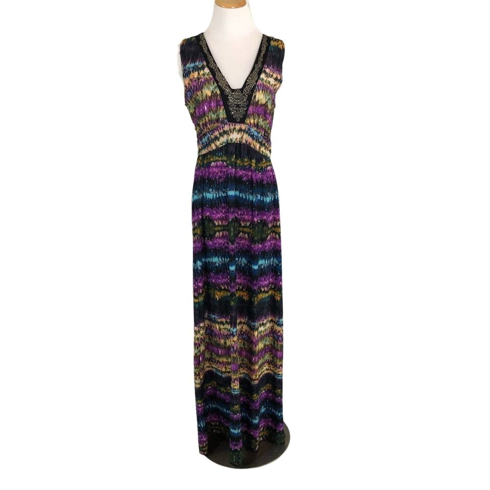 Slinky Empire Maxi Dress Sleeveless V Neck Size Medium Sequin Trim NY Collection
